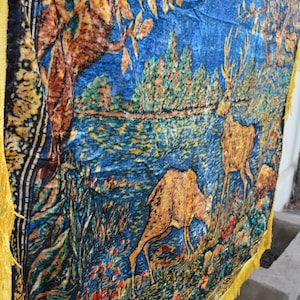 Vintage Plush Wall Rug 1960's Luxurious Plush Velvet Yellow Green Brown Bedspread or Tablecloth with Fringed Edging Made in USSR image 5