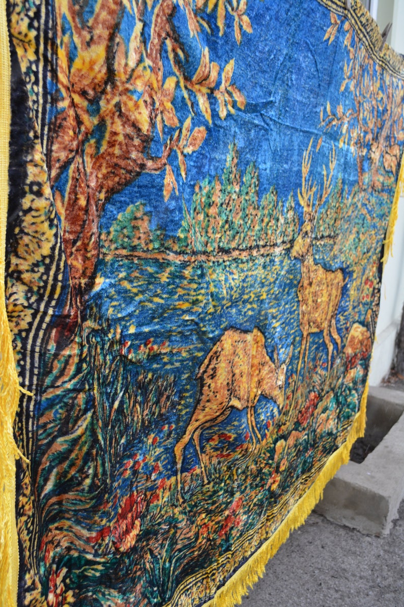 Vintage Plush Wall Rug 1960's Luxurious Plush Velvet Yellow Green Brown Bedspread or Tablecloth with Fringed Edging Made in USSR image 5