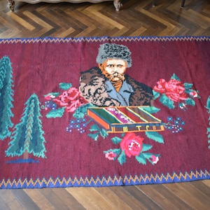 Vintage handwoven wool  rug carpet - Portrait of Taras Shevchenko KobzarFloral kilim -  Bessarabian Moldovan Romania Kilim - Rustic decor .