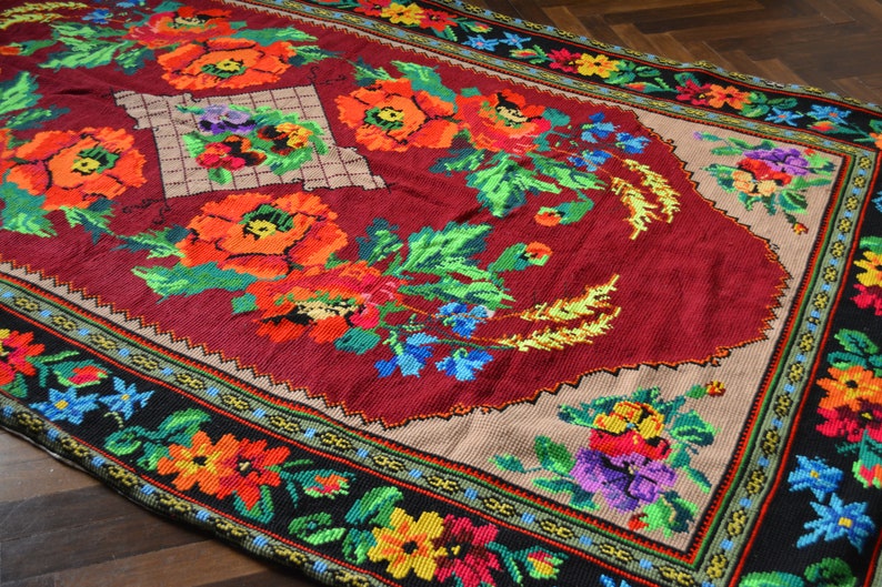 Antique Embroidered Carpet Ukrainian Rug Embroidered Etsy