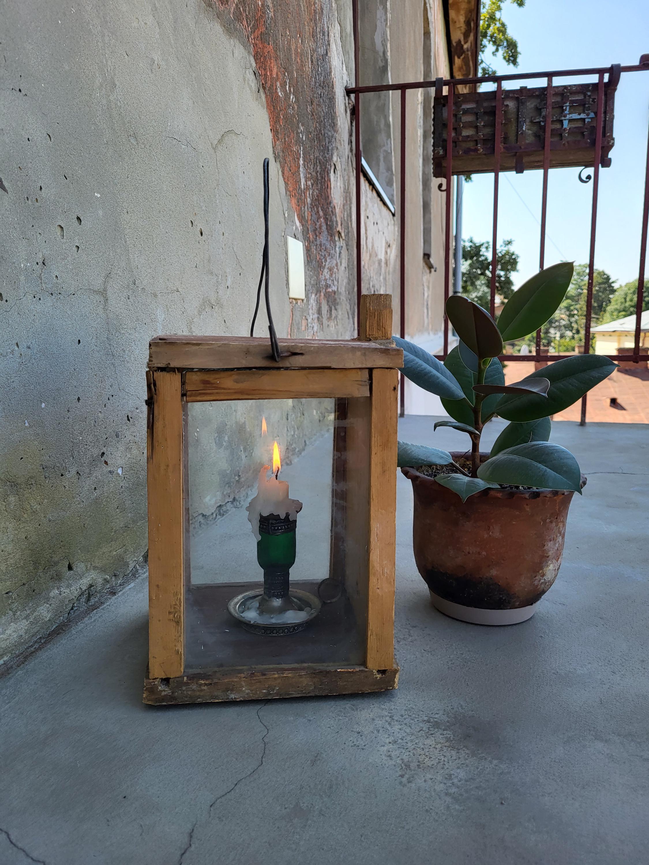Antique lantern - Vintage glass lantern with candle middle - Candlestick - Old wooden lamp hanging - Farmhouse country decor.