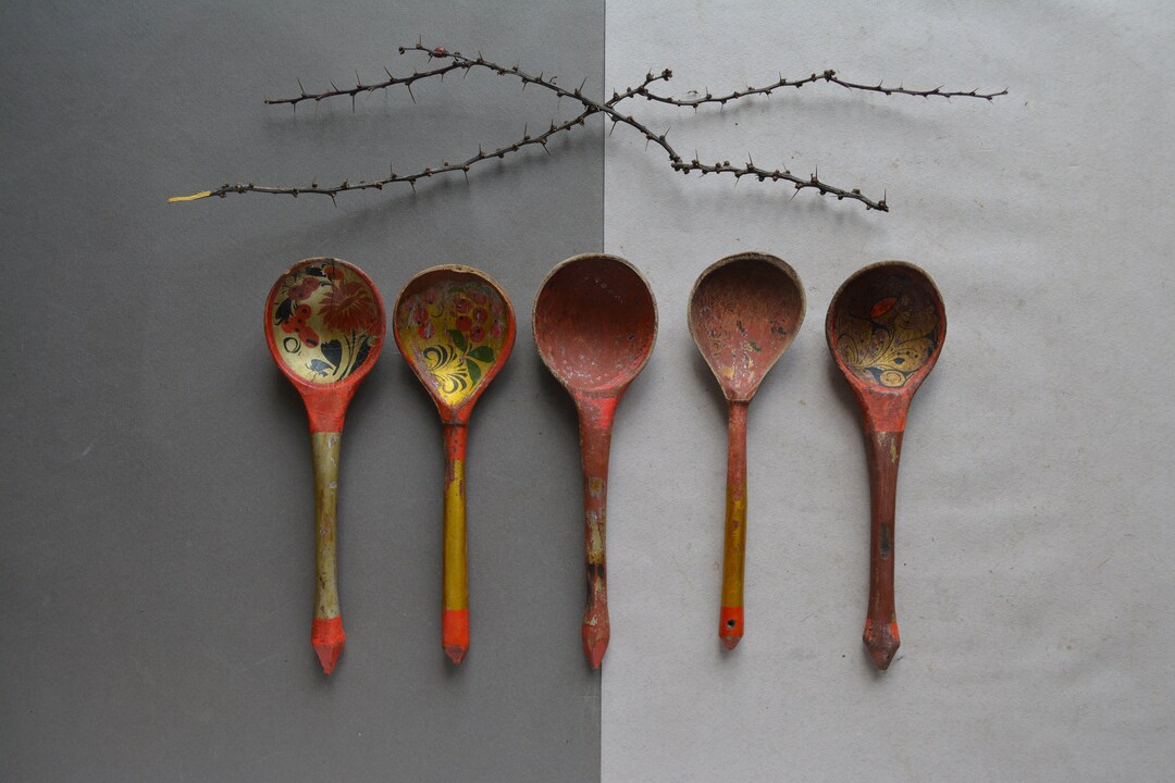 Rustic Plastic Spoon Wooden Spoon - Set of 5 - Ukrainian Vintage - Beginning of the Century ...