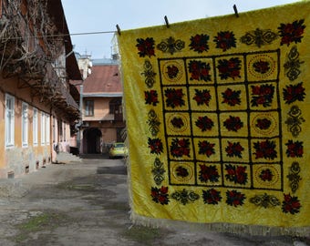 Vintage 1970's Luxurious Plush Velvet  Yellow Green Red Bedspread or Tablecloth with Fringed Edging - Home decor - Made in USSR