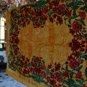 Vintage 1970&#39;s Luxurious Plush Velvet  Yellow Green Red Bedspread or Tablecloth with Fringed Edging - Home decor - Made in USSR