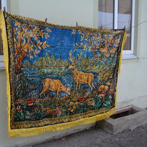 Vintage Plush Wall Rug 1960's Luxurious Plush Velvet Yellow Green Brown Bedspread or Tablecloth with Fringed Edging Made in USSR image 6