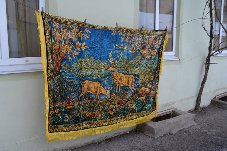 Vintage Plush Wall Rug 1960's Luxurious Plush Velvet Yellow Green Brown Bedspread or Tablecloth with Fringed Edging Made in USSR image 6