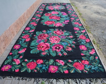 Vintage handwoven wool  rug carpet - Floral kilim -  Bessarabian Moldovan Romania Kilim - Rustic decor -  525 cm ( 206 ") x  165 cm ( 65 ")