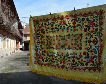Vintage 1970's Luxurious Plush Velvet  Yellow Green Red Bedspread or Tablecloth with Fringed Edging - Home decor - Made in USSR