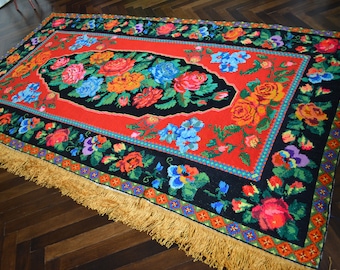 Antique embroidered carpet - Ukrainian rug - Embroidered carpet - Floral kilim - Rustic decor - Hand embroidery
