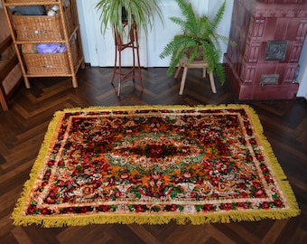 Vintage 1970's Luxurious Plush Velvet  Yellow Green Red Bedspread or Tablecloth with Fringed Edging - Home decor - Made in USSR
