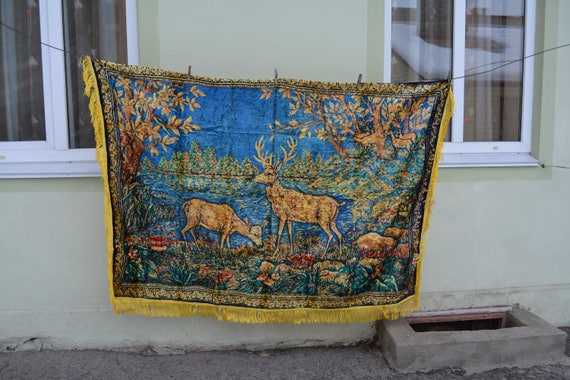 Vintage Plush Wall Rug 1960's Luxurious Plush Velvet  Yellow Green Brown Bedspread or Tablecloth with Fringed Edging Made in USSR
