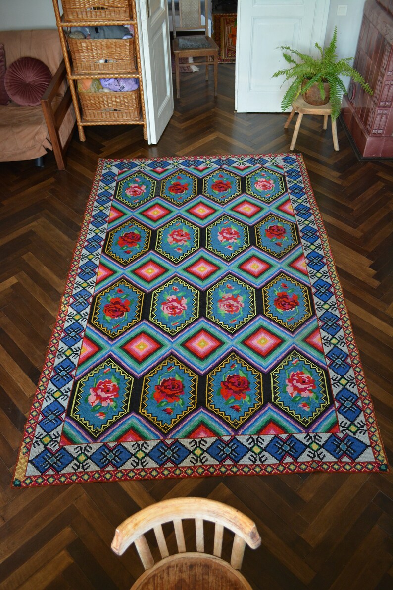 Antique embroidered carpet Ukrainian rug Embroidered Etsy