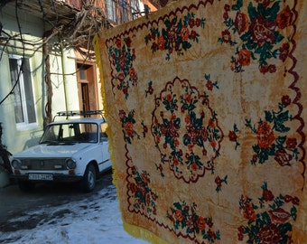 Vintage 1970's Luxurious Plush Velvet  Yellow Green Red Bedspread or Tablecloth with Fringed Edging - Home decor - Made in USSR