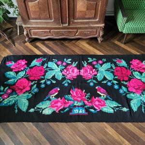 Vintage handwoven wool  rug carpet - Floral kilim -  Bessarabian Moldovan Romania Kilim - Rustic decor - 89"x 41"