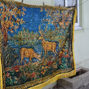 Vintage Plush Wall Rug 1960's Luxurious Plush Velvet Yellow Green Brown Bedspread or Tablecloth with Fringed Edging Made in USSR image 3