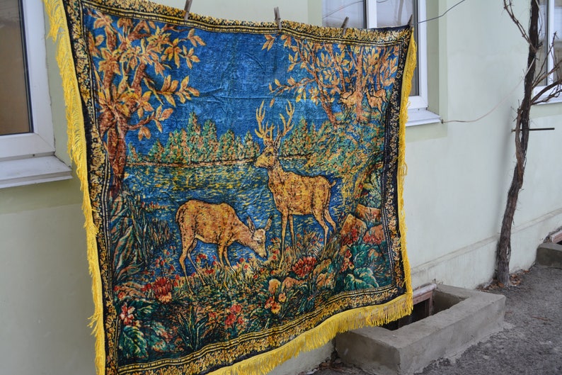Vintage Plush Wall Rug 1960's Luxurious Plush Velvet Yellow Green Brown Bedspread or Tablecloth with Fringed Edging Made in USSR image 3