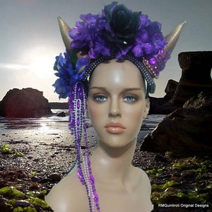 Horns headband with purple flowers . READY TO SHIP, Halloween costume, burning man, Fantasy Fest, Rave festival, Miami Costume