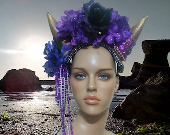 Horns headband with purple flowers . READY TO SHIP, Halloween costume, burning man, Fantasy Fest, Rave festival, Miami Costume