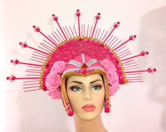 Pink Halo Headpiece, READY TO SHIP, Burning man costume, Kentucky Derby hat, Halloween Costume, Miami Costume Shop