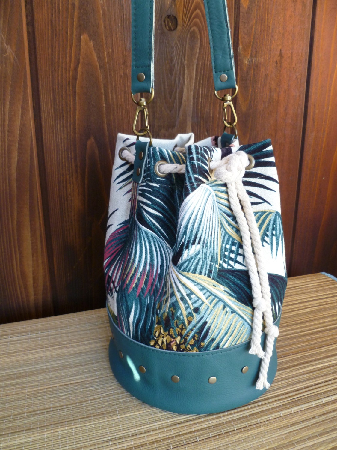 Teal Leather and Hawaiian Barkcloth Bucket Bag Spring/ - Etsy