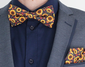 Sunflower Bow Tie - Navy Blue Autumn Floral Bowtie | Yellow & Orange Fall Wedding | Rustic Groom Accessory | Gift for Him