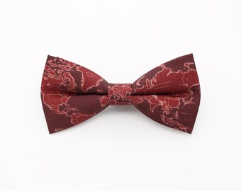 Burgundy World Map Bow Tie - Vintage Travel Print | Handmade Geography Bowtie | Traveller Gift | Creative Black Tie