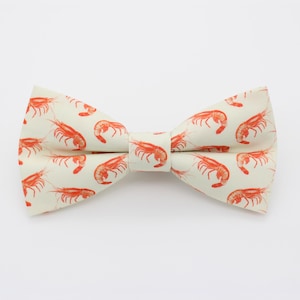 May include: A white bow tie with a pattern of red shrimp.