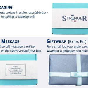May include: A light blue rectangular box with a white sleeve featuring the text Stranger Ties. A second box shows a white sleeve with a printed gift message to John. A third box is wrapped in dark gray paper with a light blue ribbon and bow.