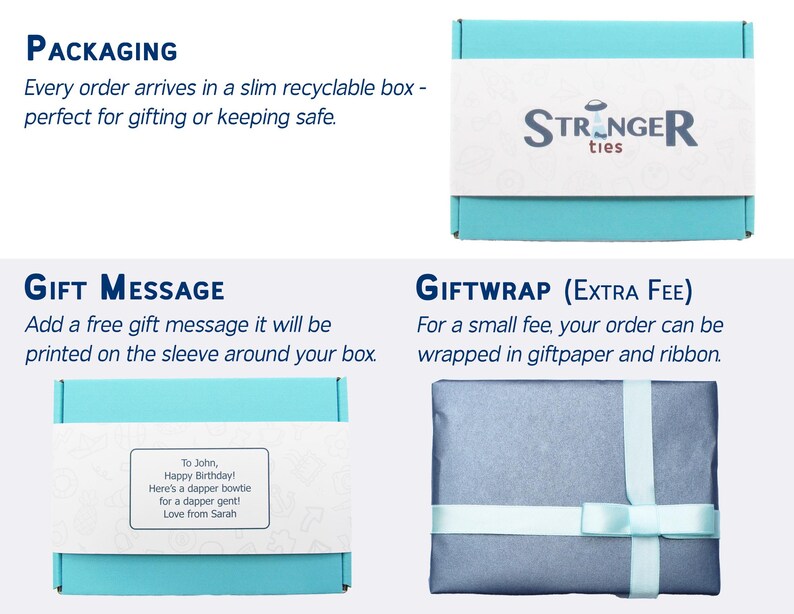 May include: A light blue rectangular box with a white sleeve featuring the text Stranger Ties. A second box shows a white sleeve with a printed gift message to John. A third box is wrapped in dark gray paper with a light blue ribbon and bow.
