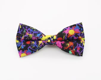 Neon Paint Splatter Bowtie - Black Colour Splash Bow Tie | Handmade 80s Party Accessory | UV Festival Style | Bold Statement Gift