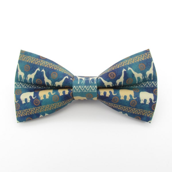 African Animal Designed Bowtie, Cufflinks and Pocket Square - Animal Kingdom | Blue Safari | Elephants & Giraffes | African Tribal Pattern |