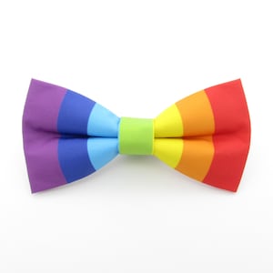 May include: A rainbow striped bow tie with a green centre. The bow tie is made of fabric and has a purple, blue, light blue, yellow, orange, and red stripe pattern.