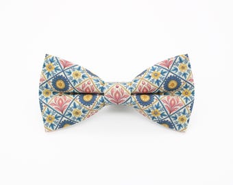 Floral Tile Bowtie - Blue & Pink Mediterranean Wedding Accessory | Handmade Ceramic Tile Inspired Bow Tie | Portuguese Inspired Style