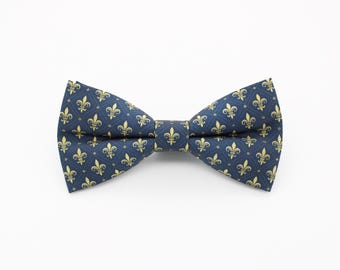 Navy Fleur-de-Lis Bowtie - Navy Gold Heraldic Wedding Gift | Handmade Royal Crest Bow Tie | Elegant Formal Accessory | Classic French Style