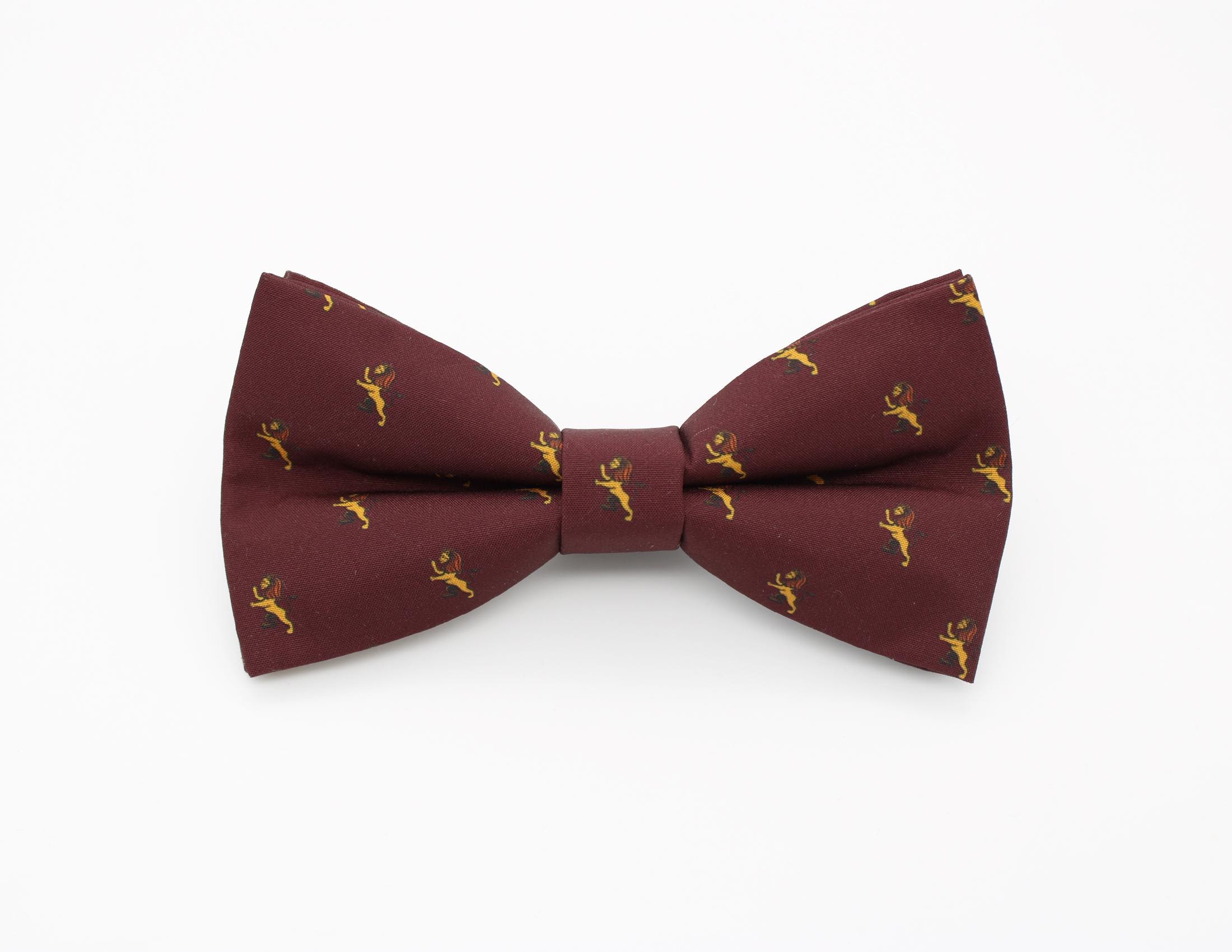 Burgundy Lion Print Bowtie - Gold Heraldic Lion Motif Handmade Regal Crest Bow Tie Classic Wedding Accessory Traditional Formal Style