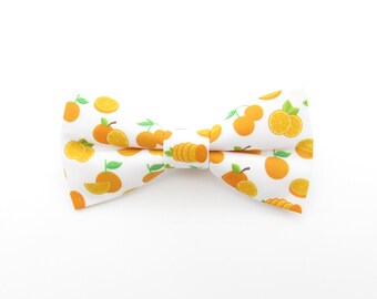 May include: A white bow tie with a pattern of orange slices and whole oranges.