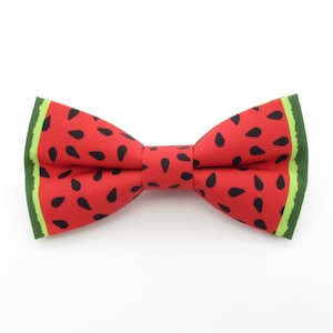 May include: A red bow tie with a watermelon slice design. The bow tie features a red centre with black seed shapes and green and yellow edges, resembling a watermelon. A fun accessory.
