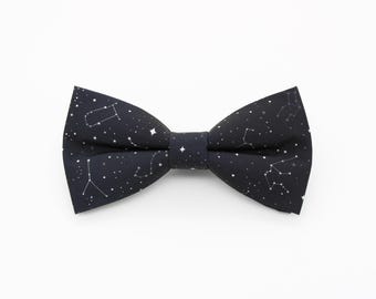 Black Constellation Print Bowtie, Faux Pocket & Cufflinks - Black Galaxy Star Map Gift | Handmade Astronomy Bow Tie | Space Lover Gift
