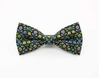 Black Wildflower Meadow Bowtie - Mediterranean Style Black Floral Garden Wedding Gift | Handmade Botanical Bow Tie