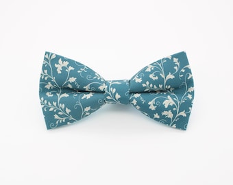 Dusty Teal Damask Bowtie - White Baroque Wedding Accessory | Handmade Ornate Scroll Bow Tie | Elegant Formal Style