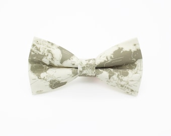 Vintage World Map Bowtie - Cream & Taupe Travel Print | Explorer Gift | Map Bow Tie and Faux Pocket Square