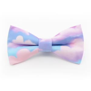 May include: A light blue and pink bow tie with a watercolour cloud print.