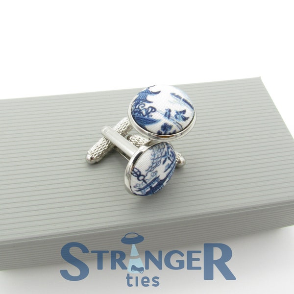 Willow Patterned Cufflinks - Blue and White Willow Cufflinks | Chinoiserie Pattern | Wedding Cufflinks | Fabric Cufflinks | China Pattern