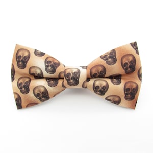 May include: A brown bow tie with a skull pattern.