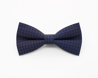 Navy Houndstooth Bowtie - Classic Blue Wedding Gift | Handmade Tonal Check Bow Tie | Elegant Formal Accessory | Timeless Gentleman Style