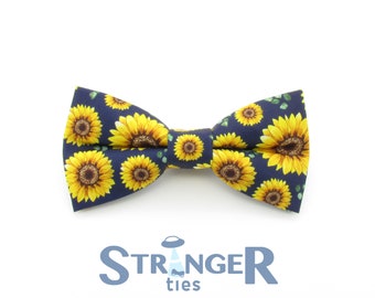 Nœud papillon et boutons de manchette tournesol jaune et bleu marine - Mariage floral d'été | Fleur de soleil | Enchanté | Nœud papillon de mariage | Printemps | Lumineux |