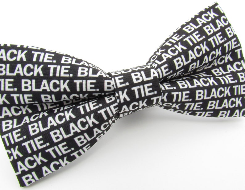 Black Tie Bowtie - Funny Sarcastic BLACK TIE text Bowtie | Black and White Bowtie | Mens Formalwear | Elegant Bowties | Cheeky Bowtie | image 3