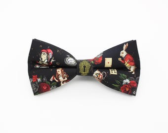 Red & Black Wonderland Inspired Bowtie - Handmade Alice Tea Party Bow Tie | White Rabbit and Mad Hatter Print | Whimsical Gift