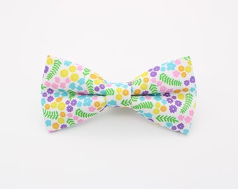 Rainbow Ditsy Flower Print Bowtie Set - White Spring Party Gift for Him | Handmade Colorful Floral Bow Tie | Fun Garden Wedding Accessory