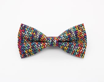Rainbow Knit Pattern Printed Bowtie - Colourful Yarn Print Gift | Handmade Knitted Texture Bow Tie | Cozy Winter Accessory